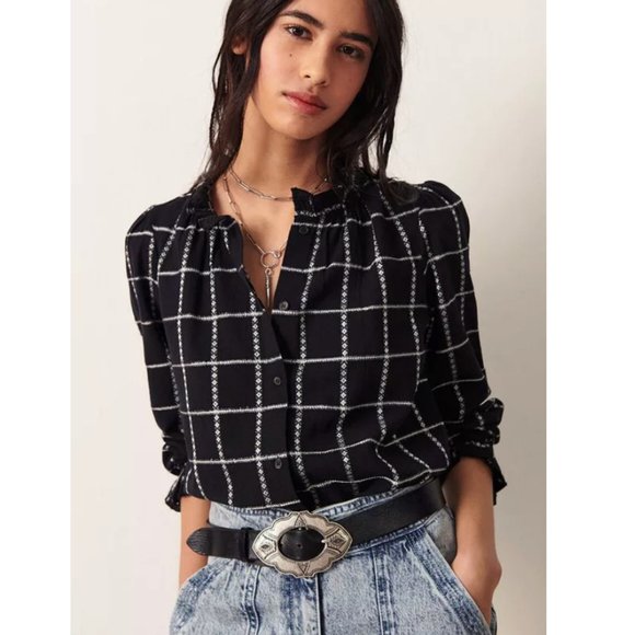 ba&sh Tops - Ba&Sh  Patsy Ruffle Cotton/Linen Plaid Blouse Black & White Size XS
